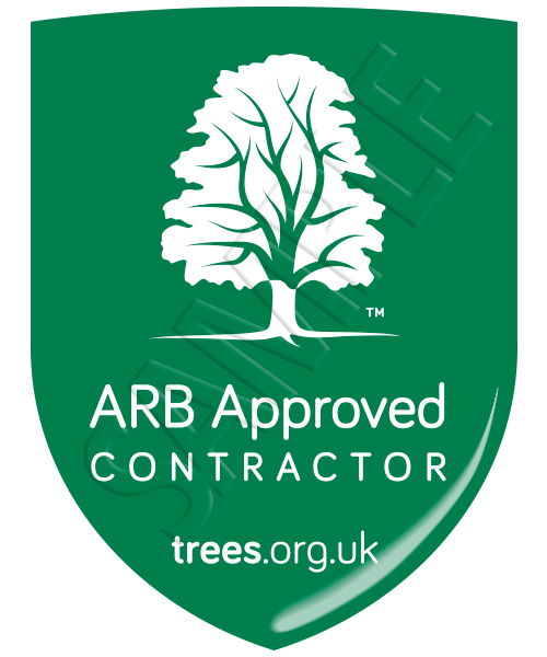 The logo from the Arboricultural Association indicating the tree surgeons are ARB approved, which is a green shield with a white tree on it and the words 'ARB Approved Contractors'